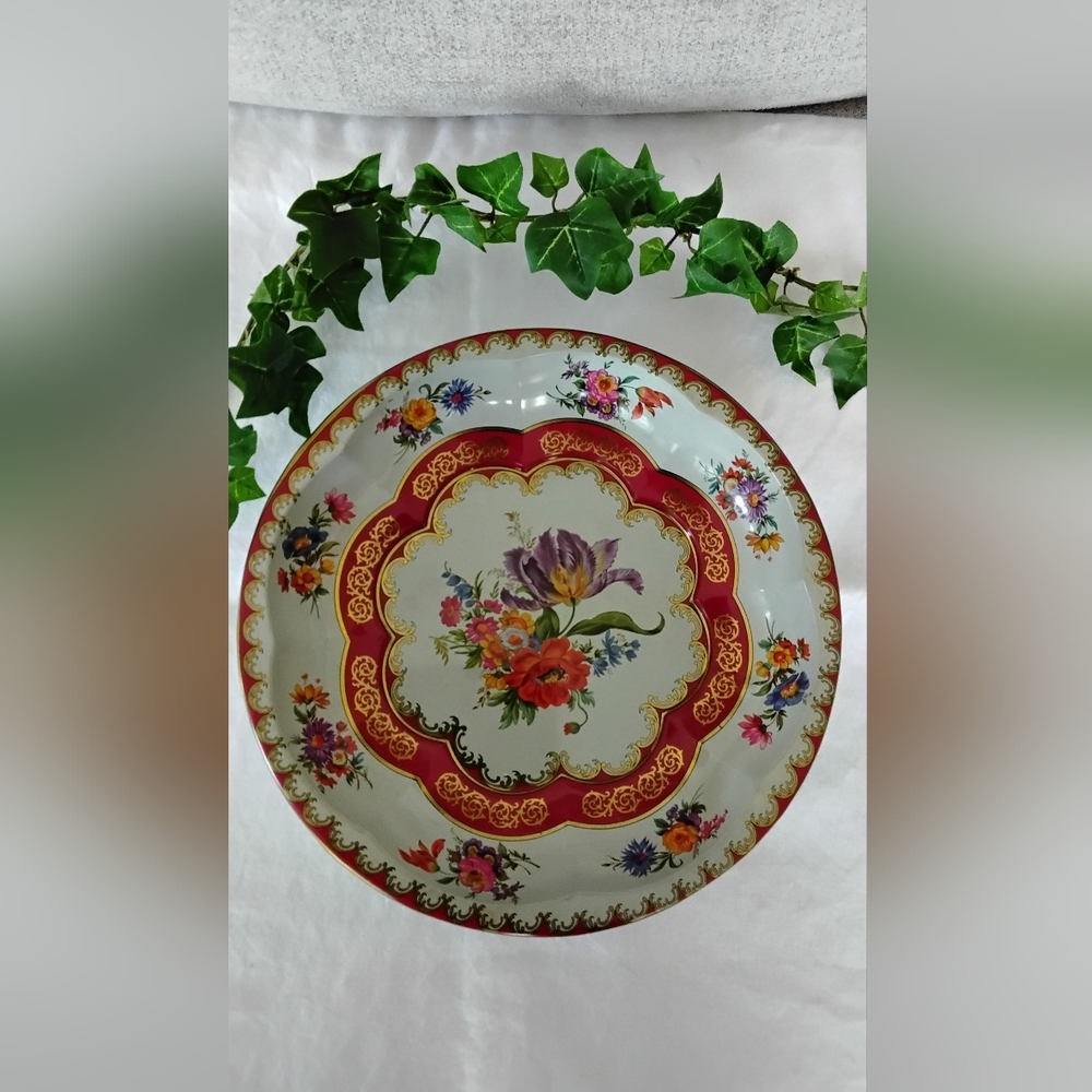 Vintage 1971 Daher Decorated Ware Floral Tin Shallow Bowl with Red/Gold Accents